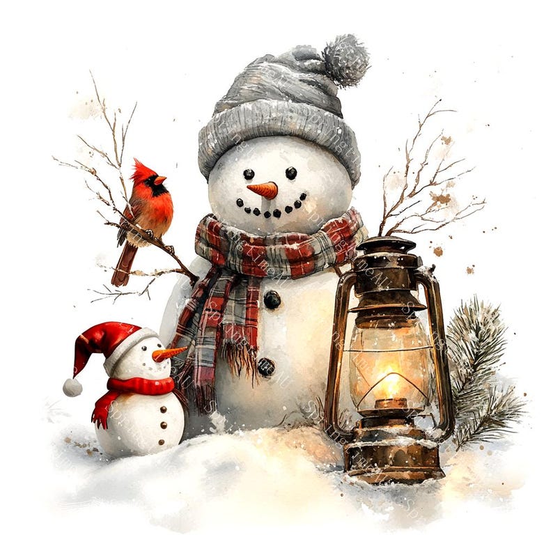 18 Vintage Snowman Clipart, Winter Snowman, Christmas Card, Printable Watercolor, High-Quality JPGs, Papercraft, Junk Journal