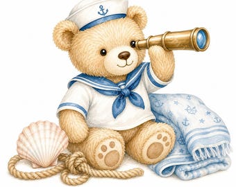 16 Sailor Teddy Bear Clipart, Watercolor JPG, Nautical Baby Shower Sublimation Clipart, Digital Download, Commercial Use