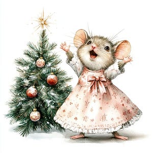 May include: Watercolor illustration of a joyful mouse in a pink dress with a bow, standing next to a decorated Christmas tree. The tree has red and gold ornaments and a star on top. The mouse has its arms raised in excitement.