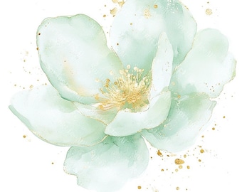 20 Abstract Green Flowers Clipart, Green and Gold Flower, Flowers Print, Printable Watercolor, High-Quality JPGs, Paper Craft, Junk Journal