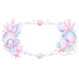 May include: An oval frame composed of iridescent seashells, pink coral branches, blue starfish, and strings of white pearls. The shells feature pastel gradients of pink, blue, and purple, arranged to create a decorative border on a white background.