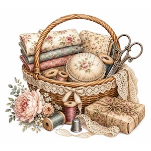 May include: A woven wicker basket filled with folded floral fabric, wooden spools of thread, a round pincushion with pins, metal scissors, a silver thimble, lace trim, and a wrapped gift, accented by a large pink peony flower arrangement.