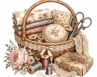 16 Vintage Sewing Keepsake Gift Clipart, Watercolor Ink JPG, Quilter Card and Sublimation Design, Digital Download