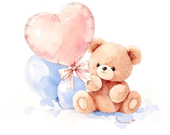 20 Teddy Bär und Luftballons Clipart, niedlichen Bär, Kinderzimmer, Baby-Dusche, druckbare Aquarell, hochwertige JPGs, Papercraft, Junk Journal