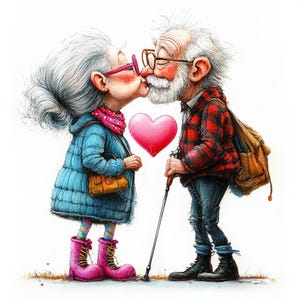 16 imágenes prediseñadas de pareja de ancianos con corazón, beso peculiar, fantasía caprichosa, acuarela imprimible, archivos JPG de alta calidad, manualidades de papel, diario basura