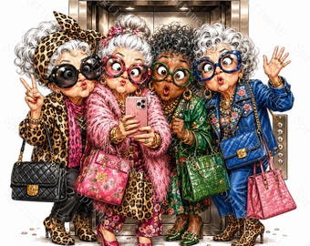 15 Sassy Shopping Grandma Friends Clipart, Whimsical Big Eye Watercolor JPG, Fashion Ladies, Birthday Sublimation, Digital Download