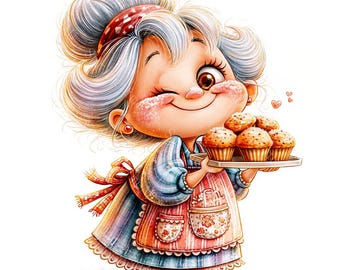 20 Baking Grandma Clipart, Whimsical Watercolor JPG, Cute Granny in Kitchen, Cozy Old Lady Illustration, Digital Download, Commercial Use