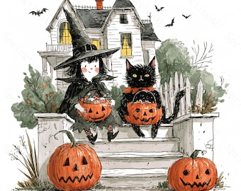 20 Trick or Treat Kids Halloween Clipart, Vintage Ink Sketch Ghost Witch JPG, Sublimation Sticker Card, Digital Download