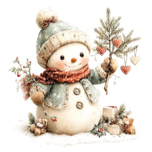 18 Whimsical Snowman Clipart, Christmas Snowman, Festive Holiday, Printable Watercolor, High-Quality JPGs, Paper Craft, Junk Journal