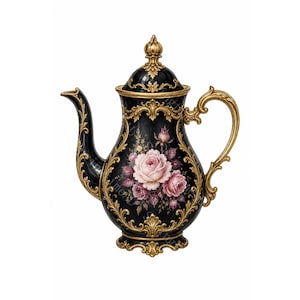 Op de afbeelding: Een zwarte theepot met sierlijke gouden filigraan details op het handvat, de tuit, het deksel en de voet. Het centrale deel is versierd met een boeket van roze en witte rozen en groene bladeren, afgewerkt met een bijpassende gouden knop.