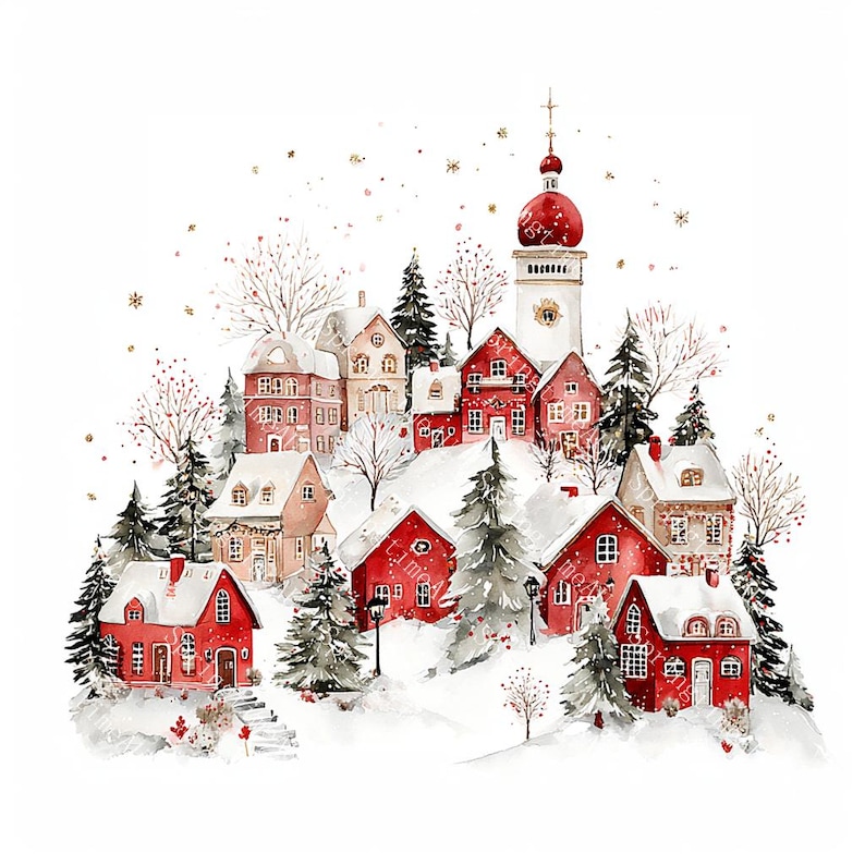 20 Christmas Village Clipart, Christmas Card Art, Printable Watercolor, High-Quality JPGs, Paper Craft, Junk Journal, Digital Download