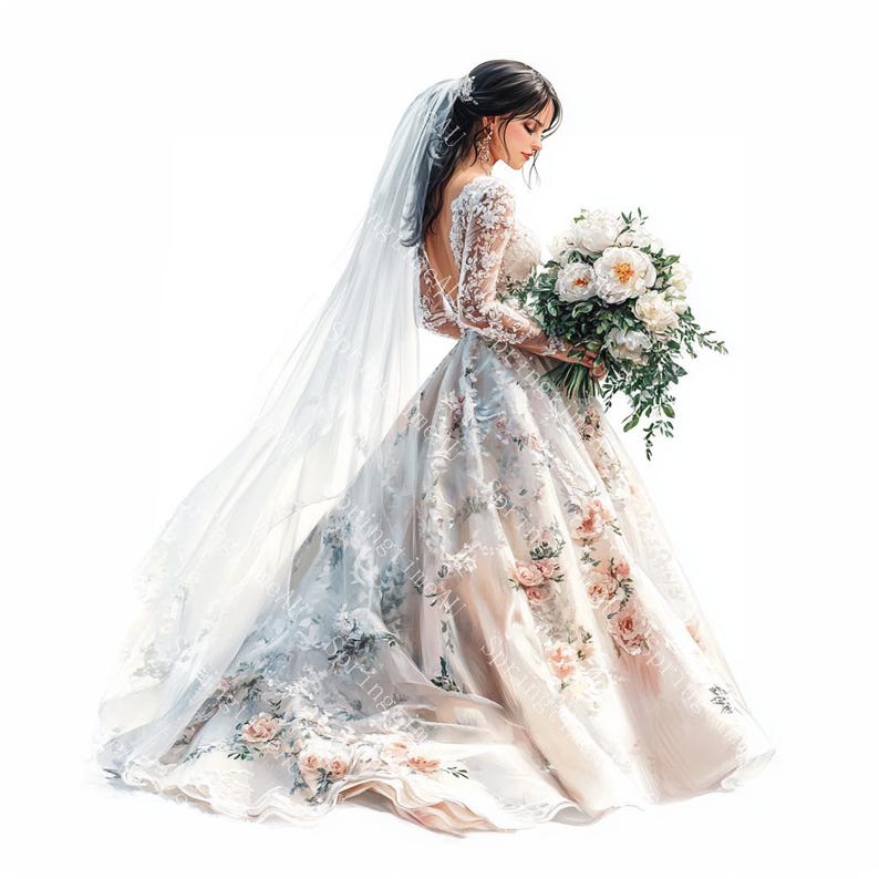 20 Wedding Clipart, Romantic Bride, Wedding Bridal Gown Clipart, Printable Watercolor, High-Quality JPGs, Paper Craft, Junk Journal