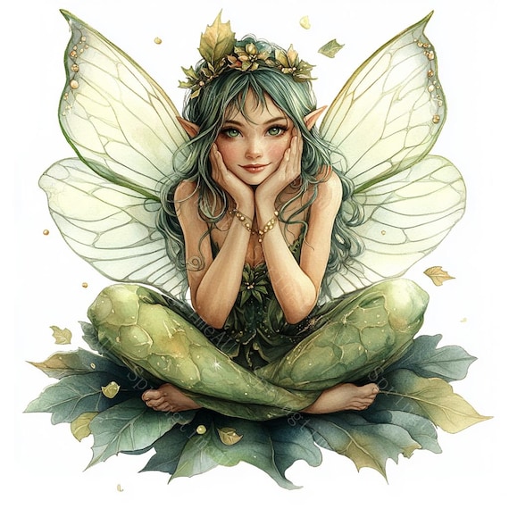 18 Forest Fairy Clipart, Green Fairies Clipart, Magical Fantasy, Printable Watercolor, High-Quality PNG/JPGs, PaperCraft, Junk Journal