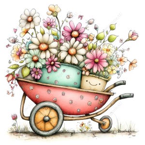 May include: Watercolor illustration of a red wheelbarrow filled with colorful flowers in pots. The wheelbarrow has a polka dot pattern and a wooden wheel. The flowers include daisies, pink, and yellow blooms.