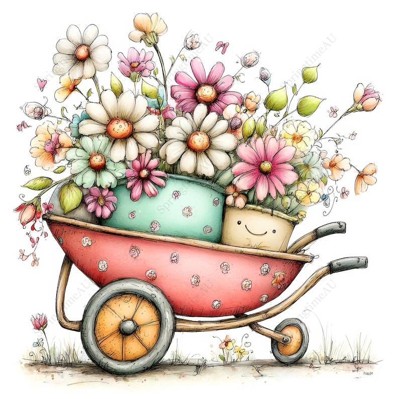 May include: Watercolor illustration of a red wheelbarrow filled with colorful flowers in pots. The wheelbarrow has a polka dot pattern and a wooden wheel. The flowers include daisies, pink, and yellow blooms.