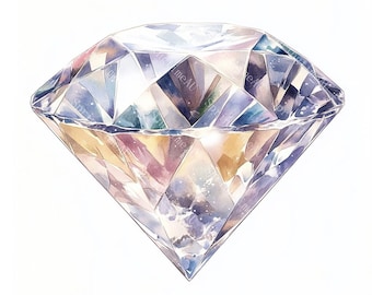 May include: A large, sparkling diamond with a watercolor effect. The diamond is faceted and reflects light in a rainbow of colors.