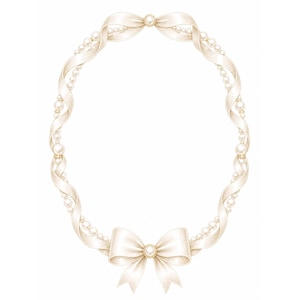 May include: An oval frame composed of a continuous cream-colored ribbon intertwined with a string of white pearls. The frame features a small bow at the top center and a larger, more prominent bow at the bottom center, both accented with a single pearl.