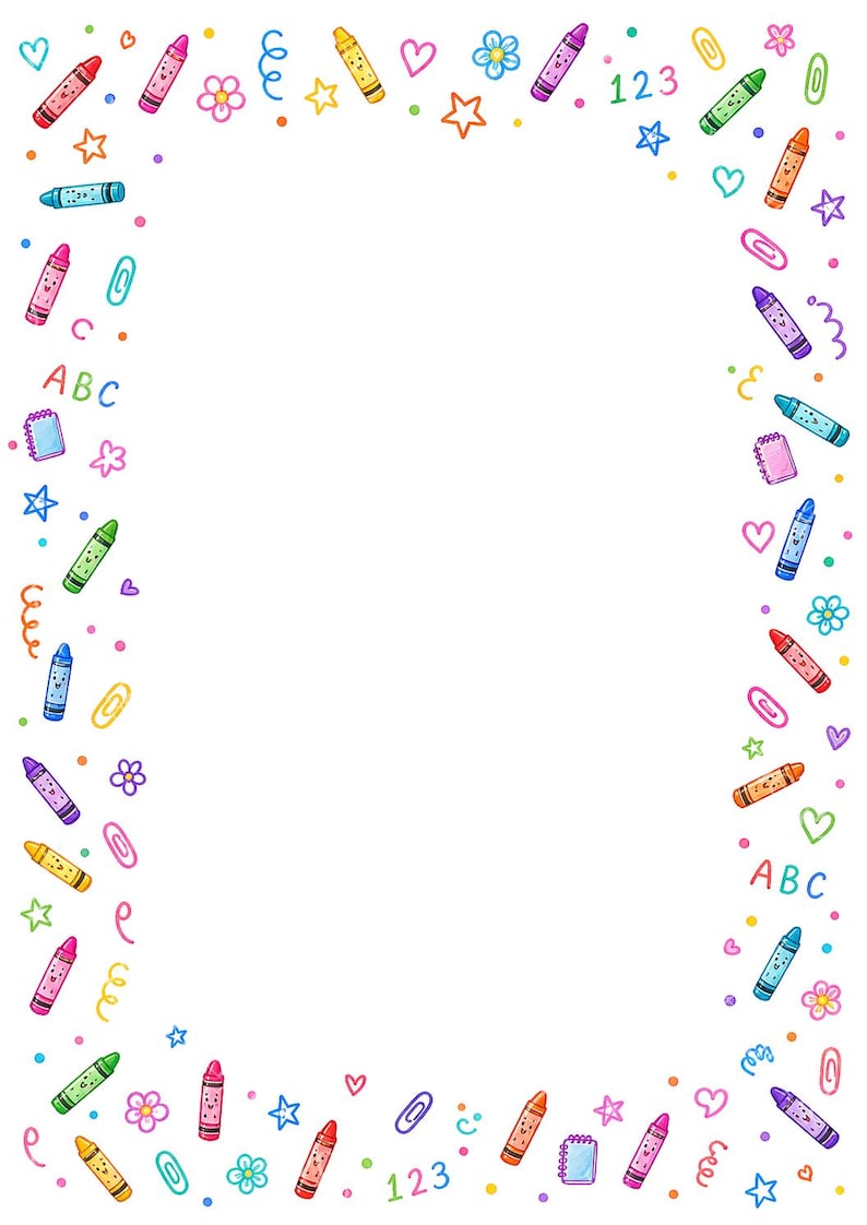 16 Crayon Border Clipart, Printable Classroom Paper JPG, Back To School,  A4 Page, Teacher Worksheet Frames, School Digital Download Kit