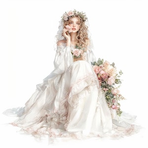 20 Wedding Clipart, Romantic Bride, Wedding Bridal Gown Clipart, Printable Watercolor, High-Quality JPGs, Paper Craft, Junk Journal