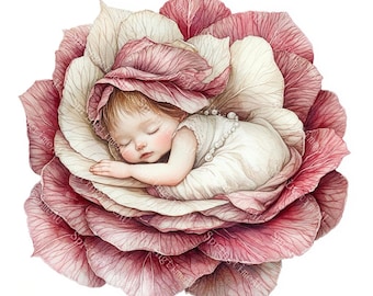 花の上で眠る可愛い妖精のイラスト20選、森の妖精、水彩画、高画質JPG