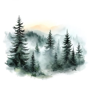 Puede incluir: Pintura a la acuarela de una escena de bosque brumoso. Altos pinos de color verde oscuro se alzan en primer plano, con capas de &aacute;rboles que se desvanecen en el fondo. Los colores suaves y apagados crean un paisaje natural sereno.