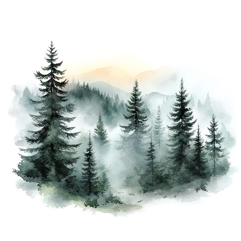 Puede incluir: Pintura a la acuarela de una escena de bosque brumoso. Altos pinos de color verde oscuro se alzan en primer plano, con capas de &aacute;rboles que se desvanecen en el fondo. Los colores suaves y apagados crean un paisaje natural sereno.