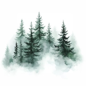 Puede incluir: Pintura a la acuarela de una escena de bosque con &aacute;rboles de hoja perenne que emergen de una niebla brumosa. Los &aacute;rboles, de varios tama&ntilde;os y tonos de verde, crean un paisaje natural y sereno sobre un fondo blanco.