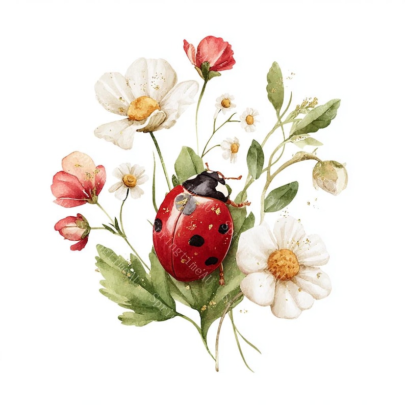 16 Floral Ladybug Clipart, Cute Lady Bug, Spring Art, Printable Watercolor, High-Quality JPGs, Paper Craft, Junk Journal, Digital Download