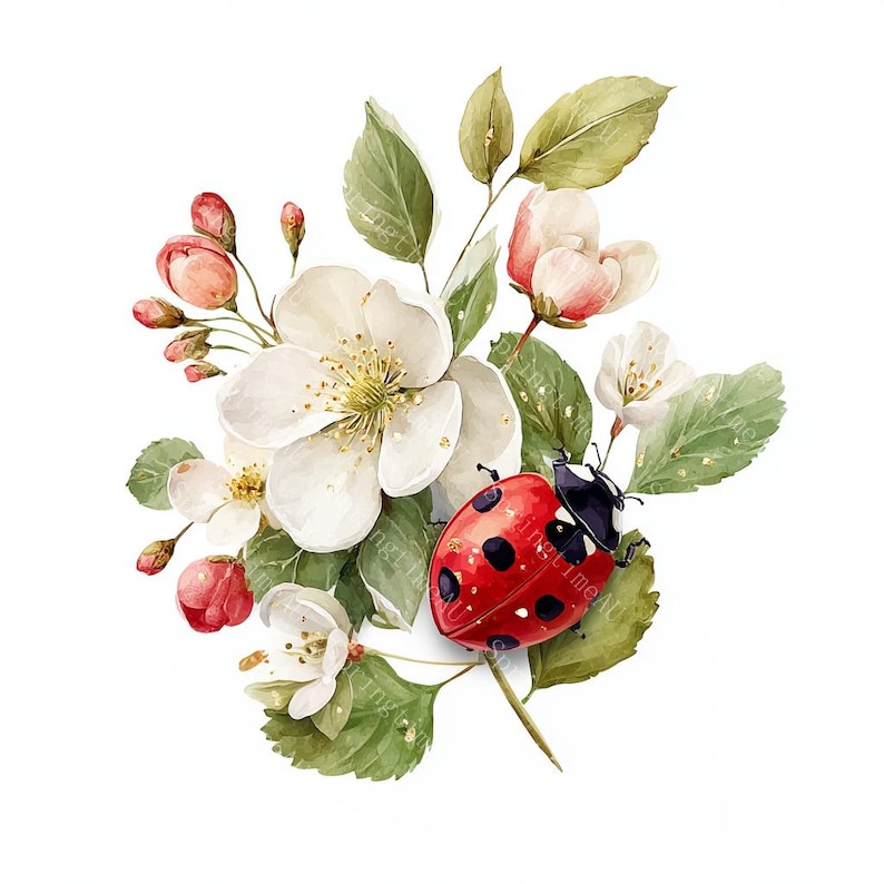 16 Floral Ladybug Clipart, Cute Lady Bug, Spring Art, Printable Watercolor, High-Quality JPGs, Paper Craft, Junk Journal, Digital Download