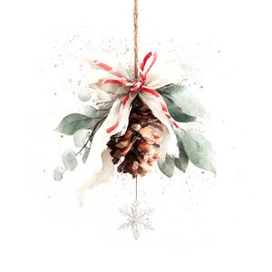 Może przedstawiać: Akwarelowa ilustracja ozdoby świątecznej w kształcie szyszki. Brązowa szyszka ozdobiona jest biało-czerwoną wstążką w paski, zielonymi liśćmi i srebrną płatkiem śniegu. Wisi na sznurku.