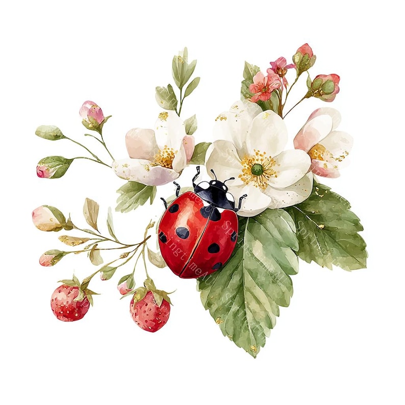 16 Floral Ladybug Clipart, Cute Lady Bug, Spring Art, Printable Watercolor, High-Quality JPGs, Paper Craft, Junk Journal, Digital Download