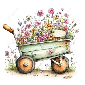 May include: Watercolor illustration of a light green wheelbarrow overflowing with colorful flowers. The flowers include pink, yellow, and white daisies, with a small blank sign. The wheelbarrow has wooden sides and orange wheels.