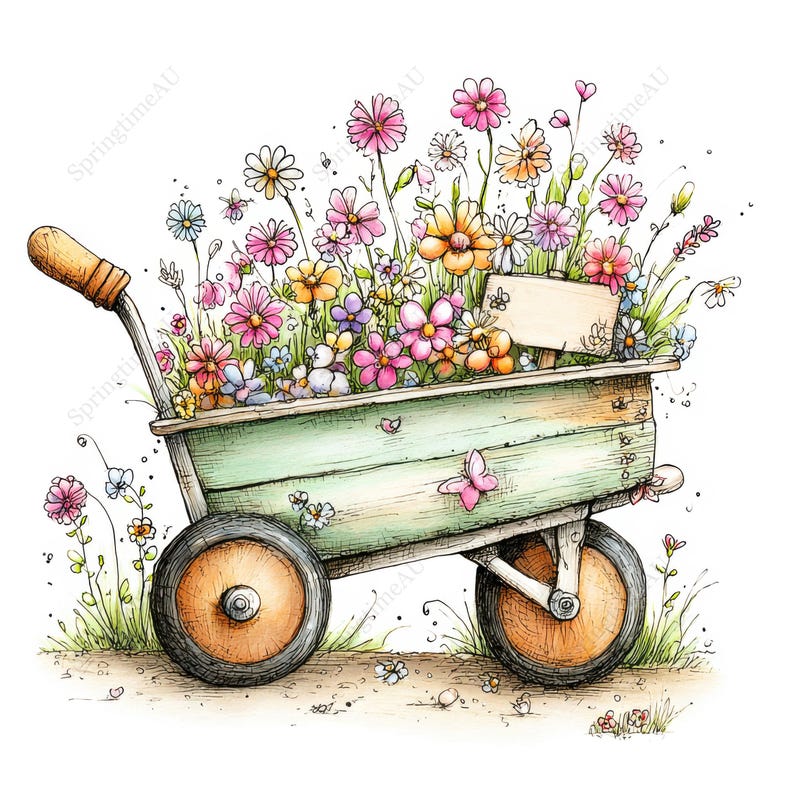 May include: Watercolor illustration of a light green wheelbarrow overflowing with colorful flowers. The flowers include pink, yellow, and white daisies, with a small blank sign. The wheelbarrow has wooden sides and orange wheels.