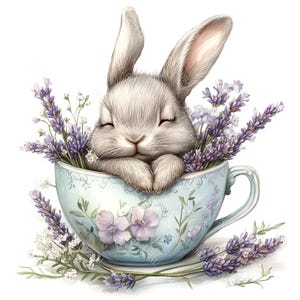 20 Clipart di coniglietto in tazza da tè, Clipart di coniglio, coniglietto carino, fiori primaverili, acquerello stampabile, JPG di alta qualità, artigianato di carta, diario spazzatura