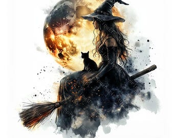 20 häxa i fullmåne Clipart, häxa och häxkonst, Halloween Clipart, utskrivbar akvarell, högkvalitativa PNG/JPG, papperspyssel, skräpjournal