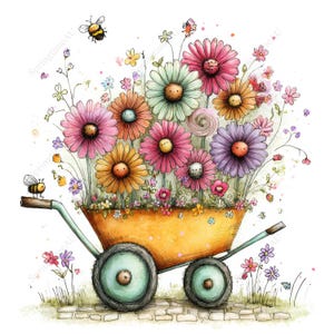 May include: A watercolor illustration of a yellow wheelbarrow overflowing with colorful flowers. The flowers include pink, orange, purple, and green daisies. Two bees fly around the wheelbarrow, which has green wheels and handles. The scene is set on a brick path.