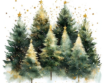 18 imágenes prediseñadas de pinos navideños, tarjeta navideña, festivo invernal dorado, acuarela imprimible, archivos JPG de alta calidad, manualidades de papel, diario basura