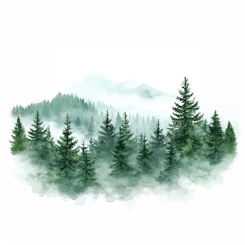 Puede incluir: Pintura a la acuarela de una escena de bosque con &aacute;rboles de hoja perenne y monta&ntilde;as al fondo. Los &aacute;rboles son de varios tonos de verde y las monta&ntilde;as son de un verde azulado claro. La escena est&aacute; parcialmente oscurecida por una niebla brumosa.