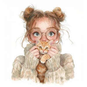20 Quirky Girl with Cat Clipart, Cat Lover Gift, Cute Baby Girl, Printable Watercolor,High-Quality JPGs, Paper Craft, Junk Journal