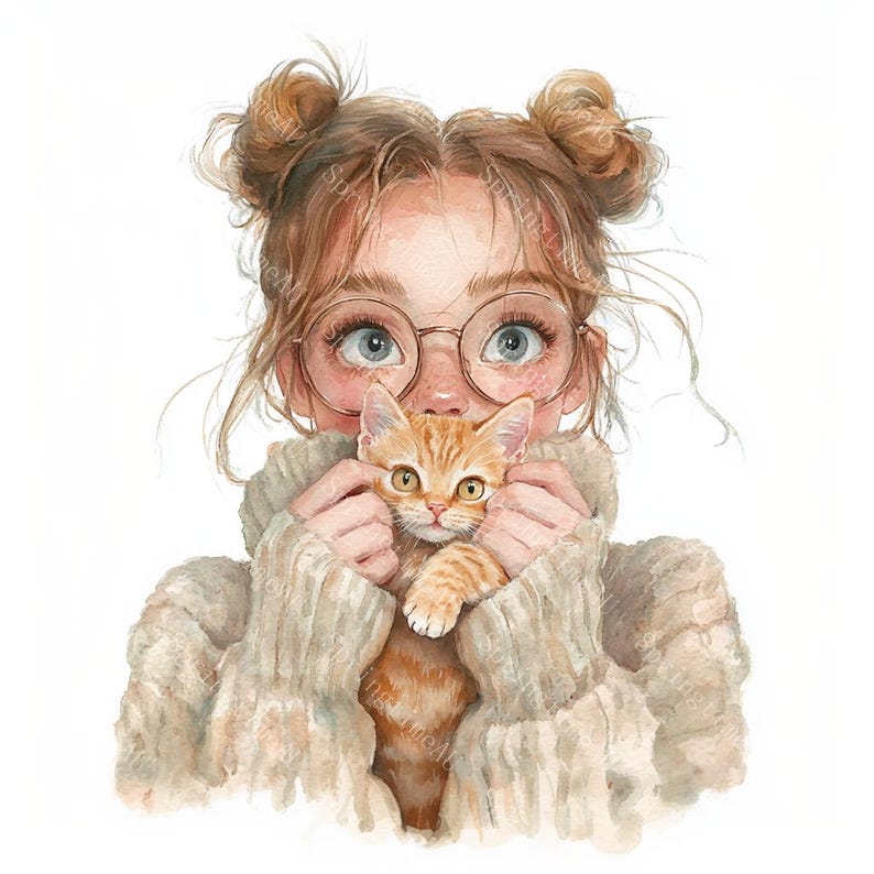 20 Quirky Girl with Cat Clipart, Cat Lover Gift, Cute Baby Girl, Printable Watercolor,High-Quality JPGs, Paper Craft, Junk Journal