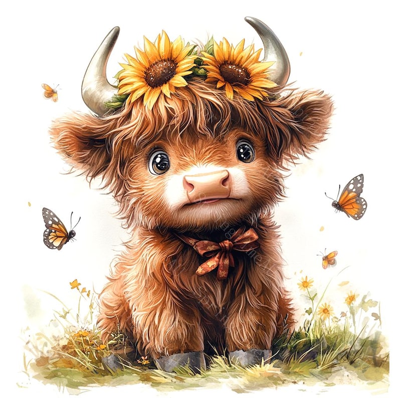 14 Highland Cow Sunflowers Clipart, Baby Highland Cow, Spring Flowers, Printable Watercolor, High-Quality JPGs, Paper Craft, Junk Journal