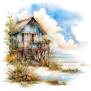 May include: Watercolor painting of a charming blue beach house with a wooden deck and stairs. The house is surrounded by colorful flowers and tall grass, with a serene beach and cloudy sky in the background. A tranquil coastal scene.
