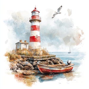 16 Vintage Lighthouse Clipart, Nautical Clipart, Ocean Clipart, Printable Watercolor, High-Quality JPGs, Paper Craft, Junk Journal