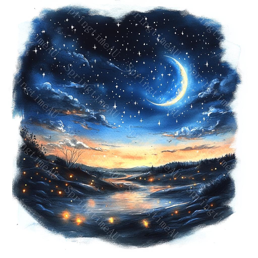 18 星空のクリップアート、夜空、夜の風景、印刷可能な水彩画、高品質