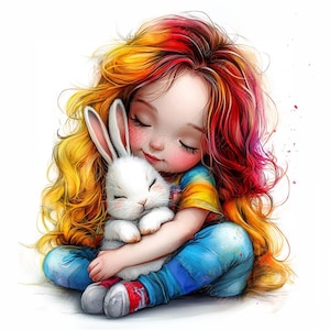 14 Clipart di ragazza eccentrica con coniglietto, ragazza amante del coniglietto, bambina carina, acquerello stampabile, JPG di alta qualità, carta da parati, diario spazzatura