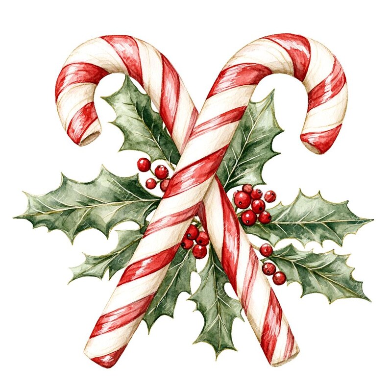 15 Candy Cane Clipart, Watercolor Christmas Sweets, Holiday Crafts, Printable Watercolor, High-Quality JPGs, Paper Craft, Junk Journal