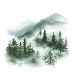 Puede incluir: Pintura a la acuarela de una escena de bosque brumoso. La obra presenta capas de &aacute;rboles y monta&ntilde;as verdes, con luz suave y difusa y una atm&oacute;sfera de ensue&ntilde;o. El estilo recuerda a una pintura de paisaje.
