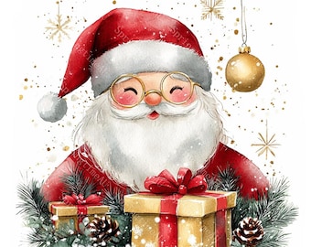 20 Christmas Santa Clipart, Santa Claus Clipart, Gold Foil Christmas Card, Printable Watercolor, High-Quality JPGs, Papercraft, Junk Journal