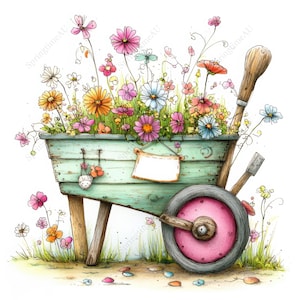 May include: Watercolor illustration of a light green wheelbarrow filled with colorful flowers. The wheel has a pink center and a gray tire. A blank sign hangs on the front of the wheelbarrow. The background is white.