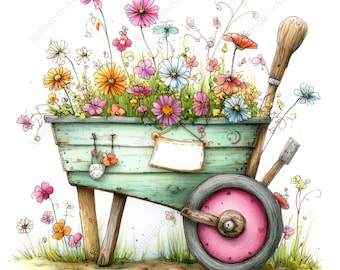 16 nyckfulla trädgårdsskottkärra-clipart, vintage skottkärra-akvarell, Cottagecore Garden JPG-bilder, digital nedladdning, kommersiellt bruk